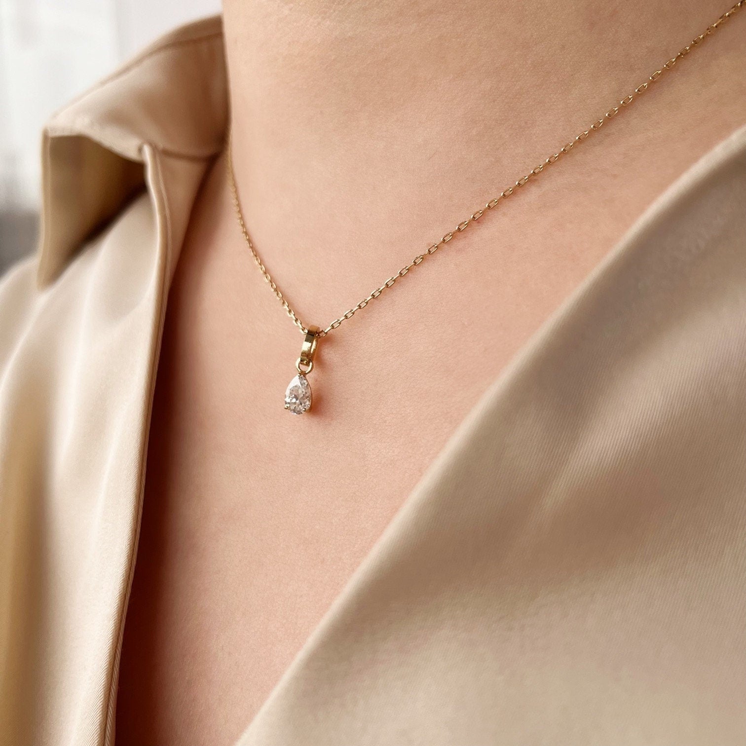 Ready to ship! 18K Solid Gold Solitaire Teardrop Moissanite Diamond Pendant, Solid Gold Dainty Teardrop Necklace Charm with Open Bail