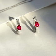 18K Solid White Gold Natural Teardrop Ruby & Diamond Huggie Hoop Earrings, Genuine Ruby Huggies, July Birthstone Gift