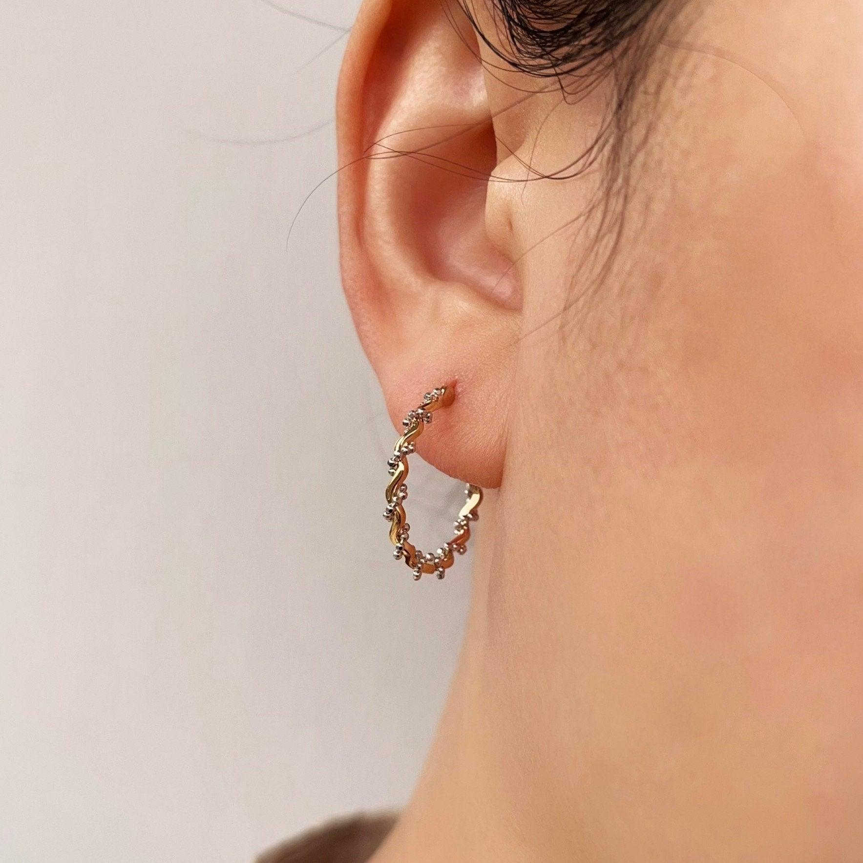 Ready to Ship! 18k Solid Gold Unique Vine Hoop Earrings, 22mm Solid Gold Modern Bicolour Hoops, Real Gold Designer Statement Earrings