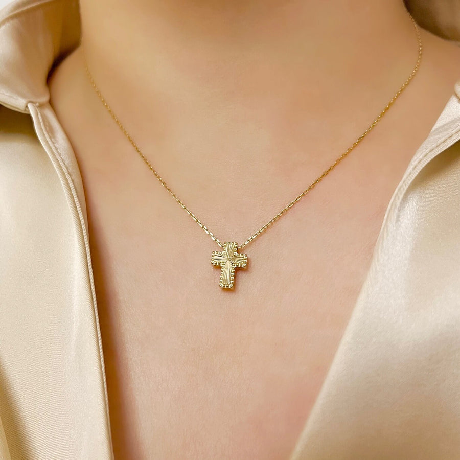 Ready to Ship! 14K Solid Gold Sparkly Cross Charm Necklace, Unique Cross Pendant, Solid Gold Dainty Cross Pendant Necklace for Women