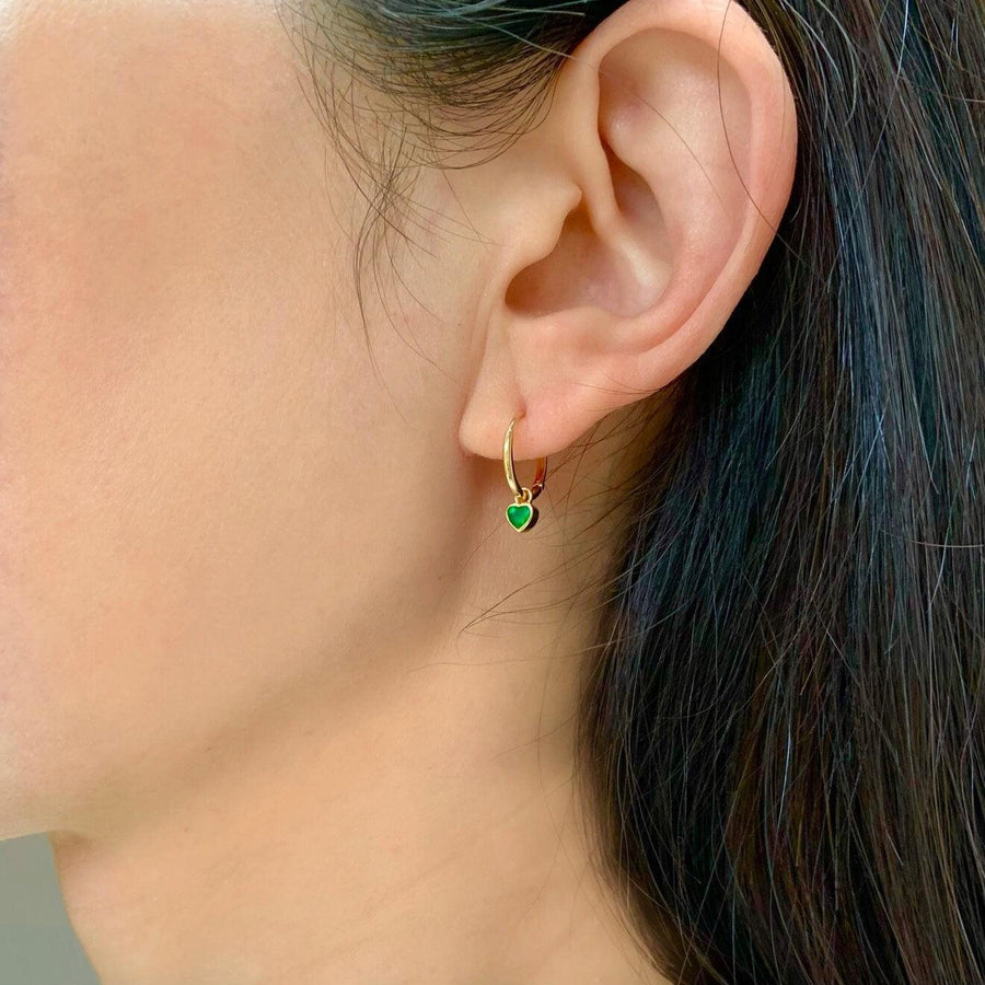 18K Solid Gold Natural Emerald Heart Charm Earrings, Genuine Natural Vivid Green Emerald Dangling Charm Hoop Earrings