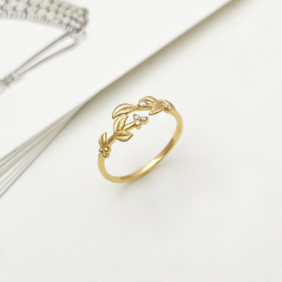 14K Solid Gold Filigree Ring Vine Ring with Moissanites, Matte Gold Leaf Ring for Women, Dainty Thin Stacking Ring Women, Gift for her