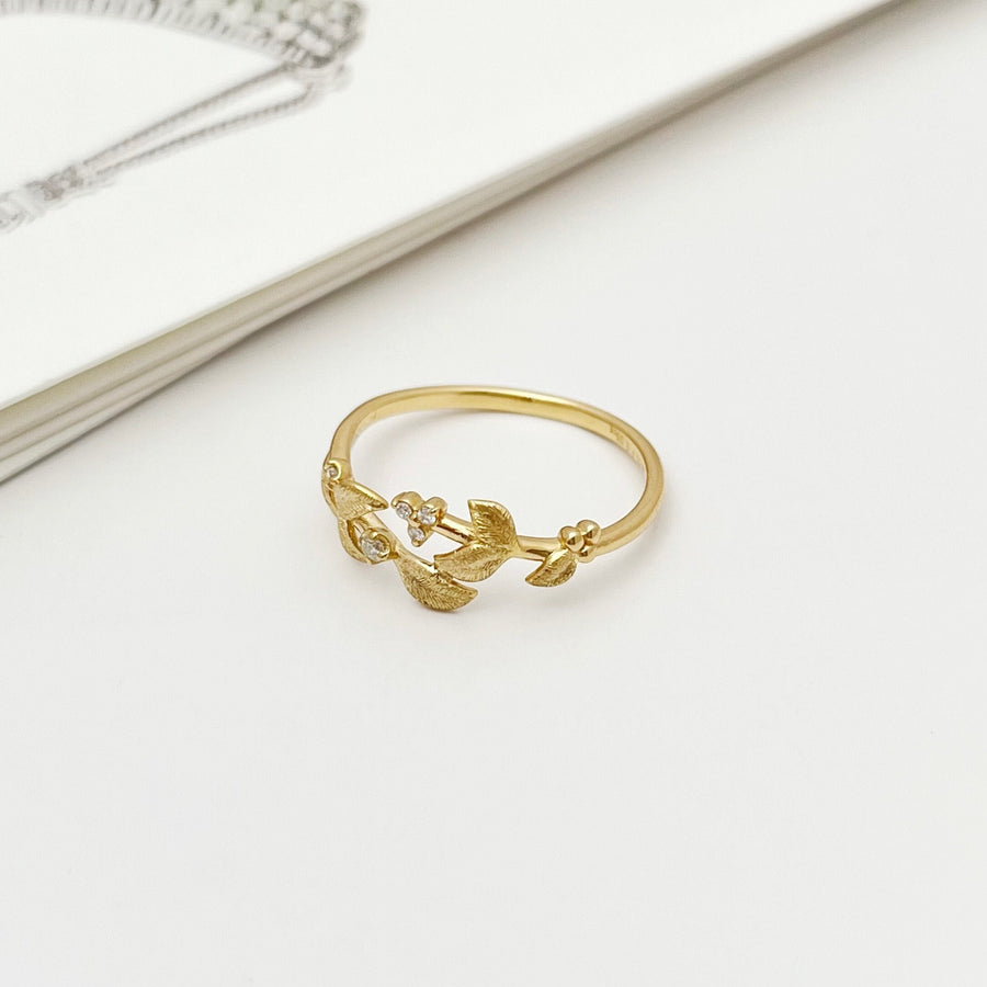 14K Solid Gold Filigree Ring Vine Ring with Moissanites, Matte Gold Leaf Ring for Women, Dainty Thin Stacking Ring Women, Gift for her