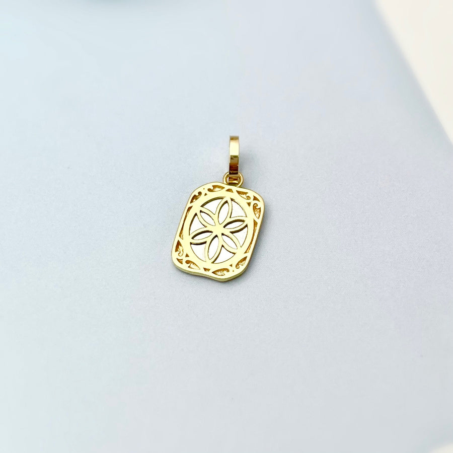 14K Solid Gold Unique Rose Pendant Charm, Bicolor Rectangular Engraved Rose Flower Necklace Pendant with Open Bail, Valentine's Gift for Her