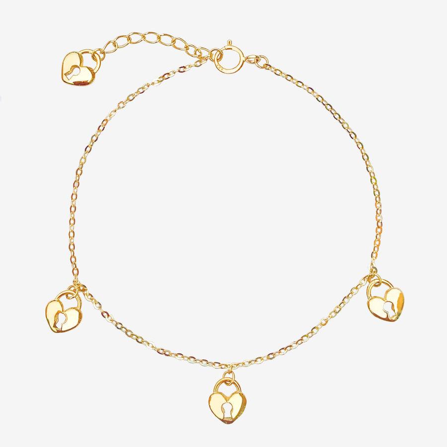 14k Solid Gold Heart Lock Charm Bracelet