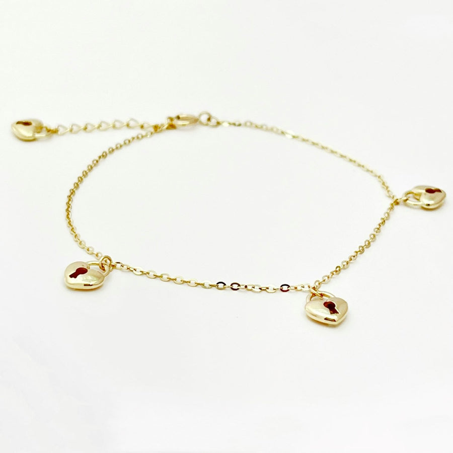 14k Solid Gold Heart Lock Charm Bracelet