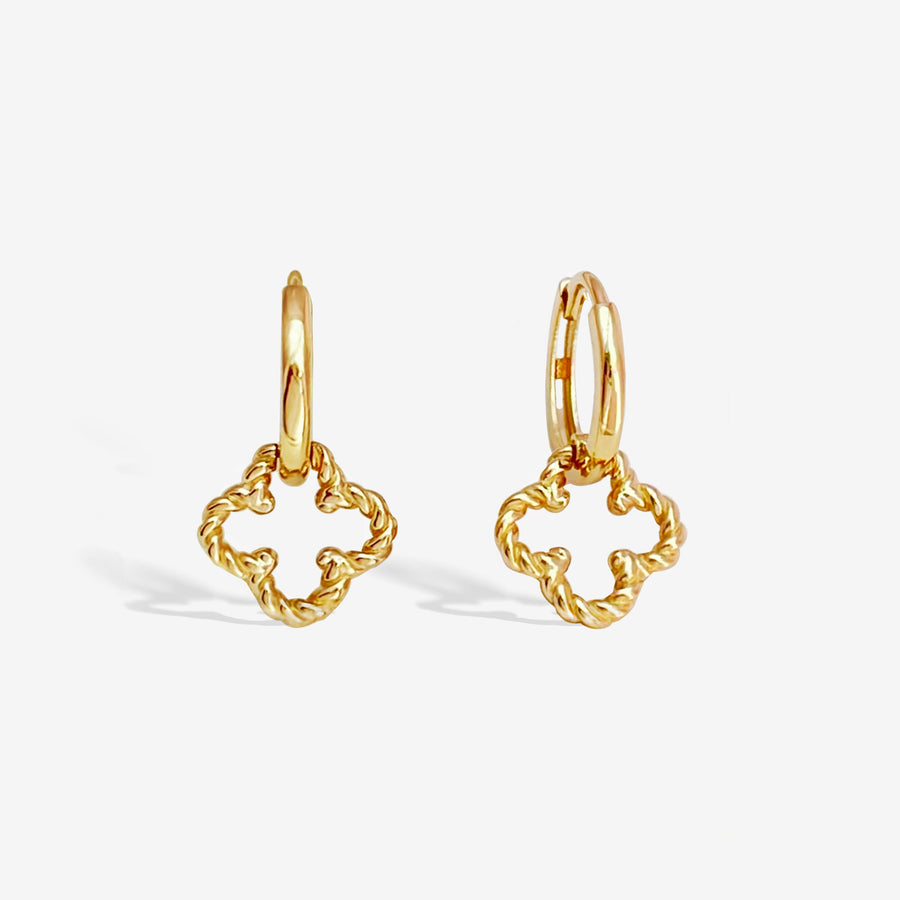 14k Solid Gold Braided Clover Charm Huggie Earrings