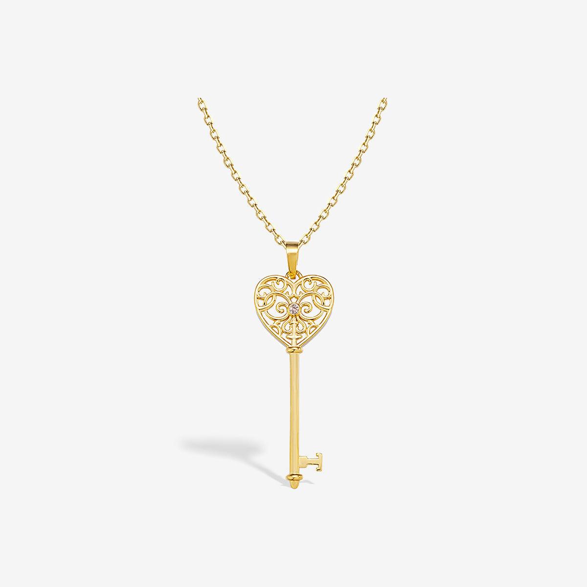 14k Solid Gold Filigree Heart Key Charm with Natural Diamond - EVELYN GOLD JEWELS