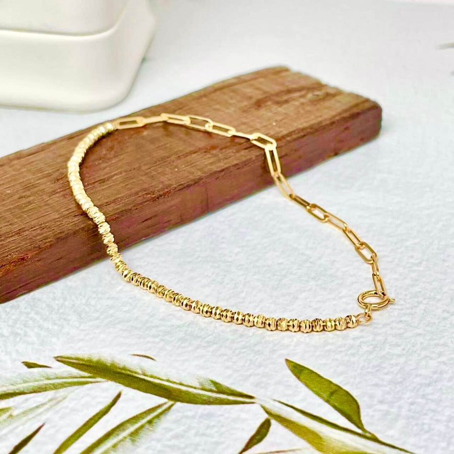 18k Solid Gold Mismatched Beads & Paperclip Chain Bracelet