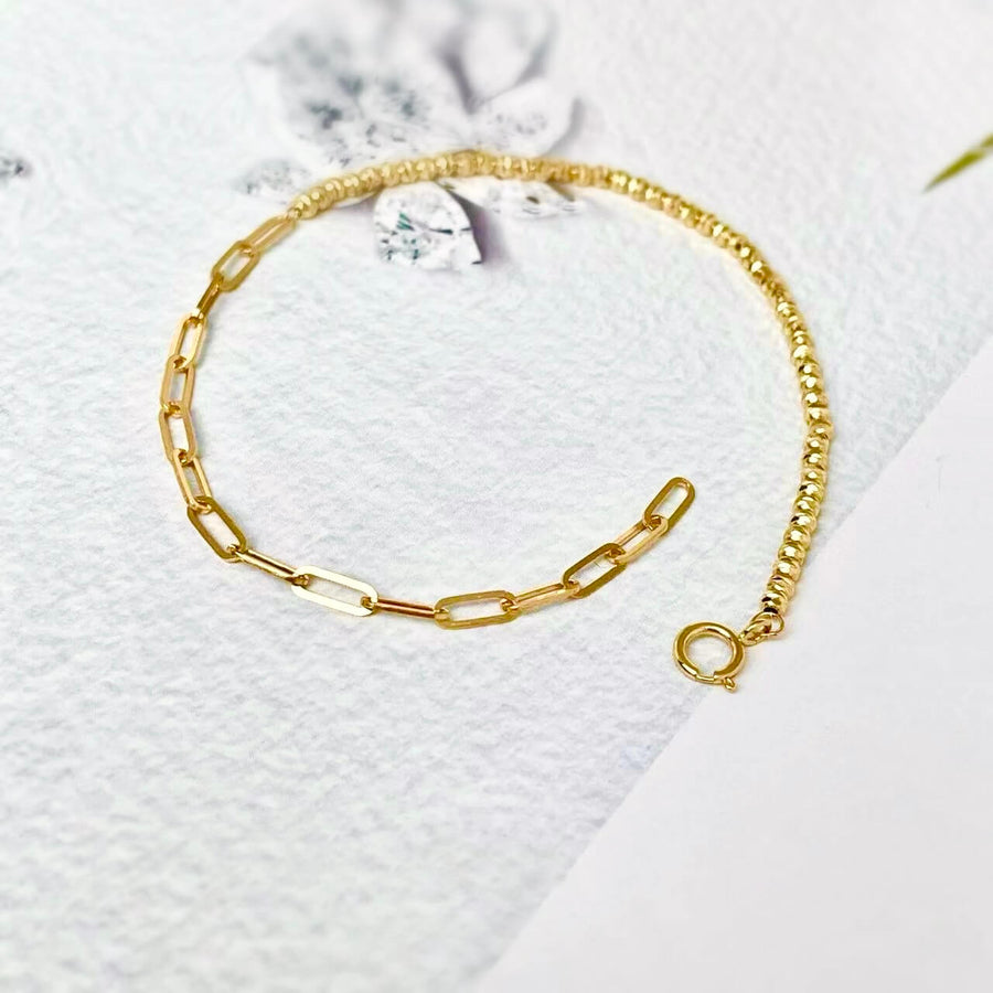 18k Solid Gold Mismatched Beads & Paperclip Chain Bracelet