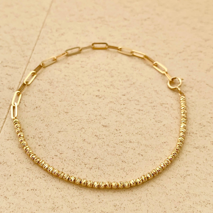 18k Solid Gold Mismatched Beads & Paperclip Chain Bracelet