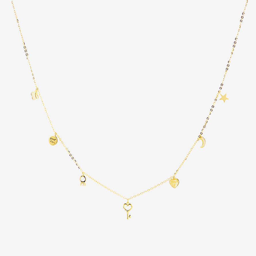 14k Solid Gold Multi Charm Necklace