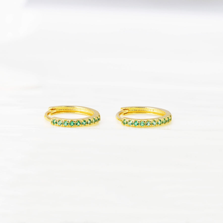 14k Solid Gold Pavé Lab-Grown Emerald Huggie Earrings