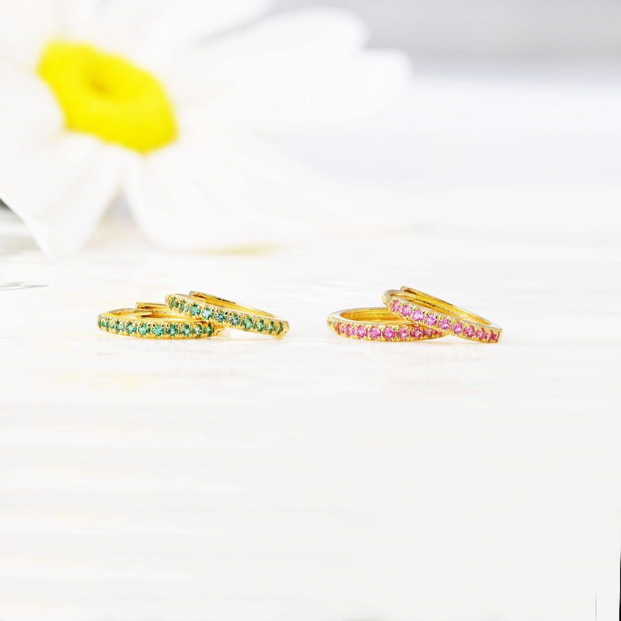 14k Solid Gold Pavé Lab-Grown Emerald Huggie Earrings