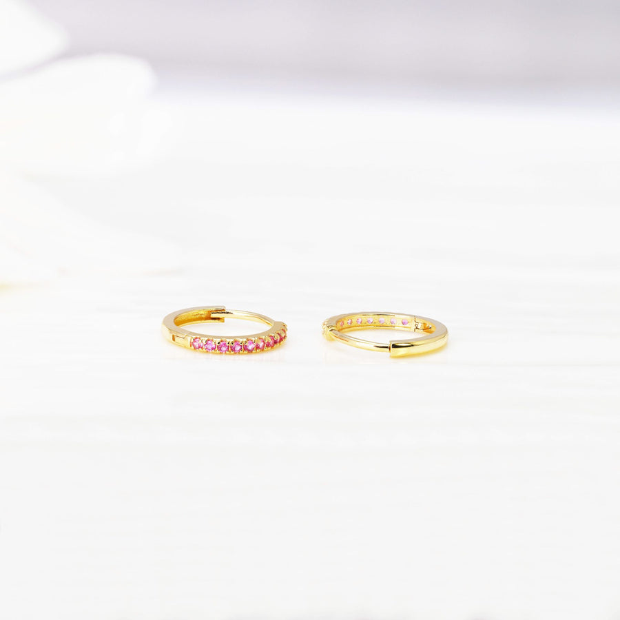 14k Solid Gold Pavé Lab-Grown Ruby Huggie Earrings