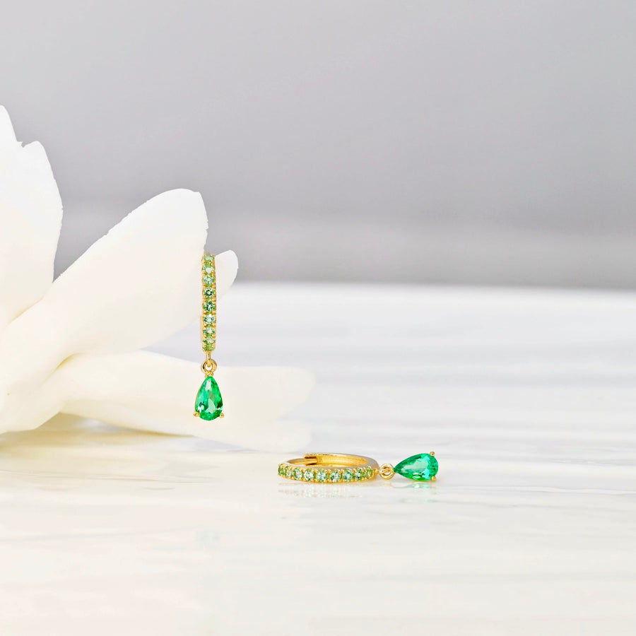 14k Solid Gold Pavé Teardrop Earrings with Lab-Grown Emeralds