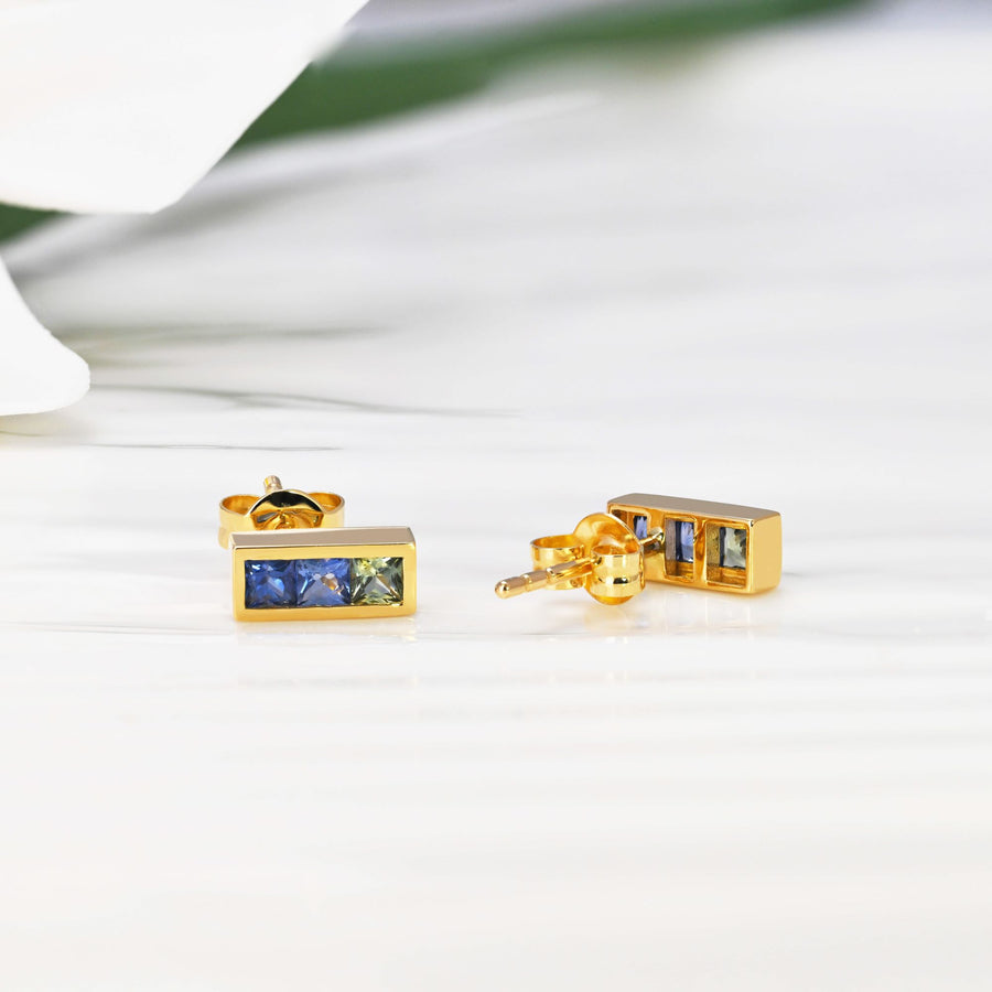 14k Solid Gold Rainbow Sapphire Bar Stud Earrings