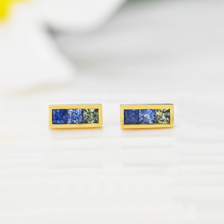 14k Solid Gold Rainbow Sapphire Bar Stud Earrings
