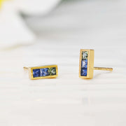 14k Solid Gold Rainbow Sapphire Bar Stud Earrings