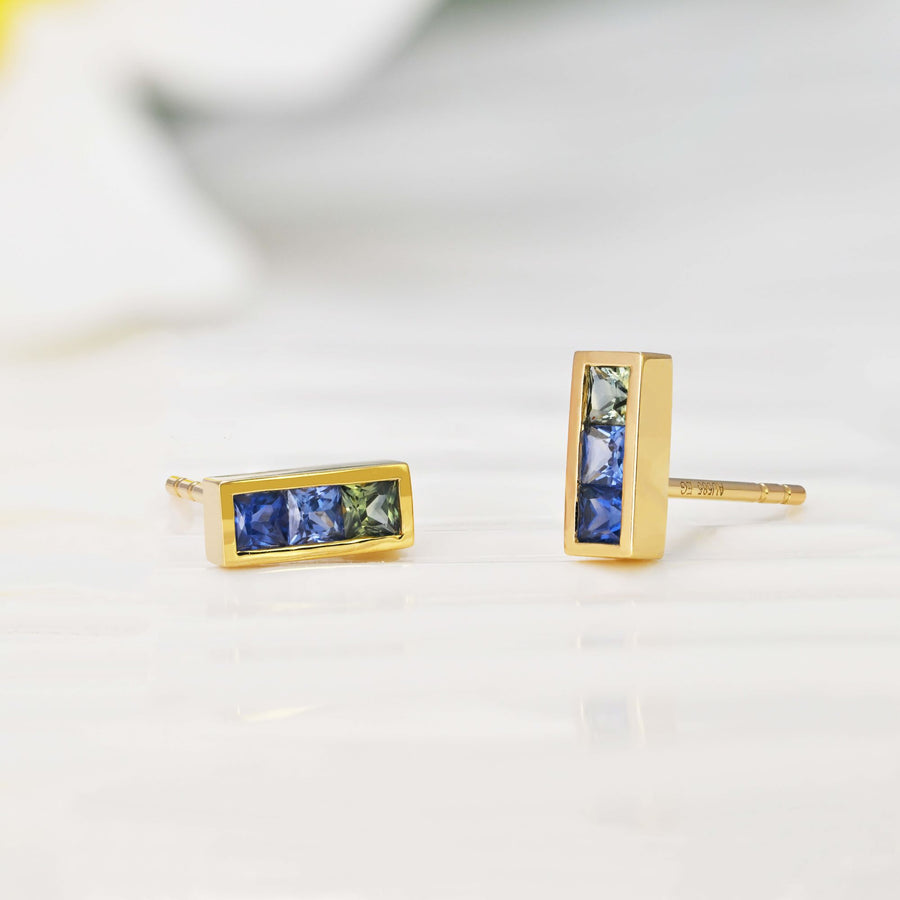 14k Solid Gold Rainbow Sapphire Bar Stud Earrings