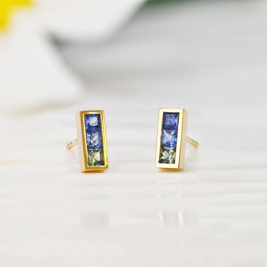 14k Solid Gold Rainbow Sapphire Bar Stud Earrings