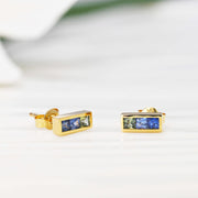 14k Solid Gold Rainbow Sapphire Bar Stud Earrings