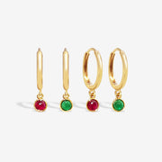 18k Cabochon Ruby/Emerald Charm Drop Earrings