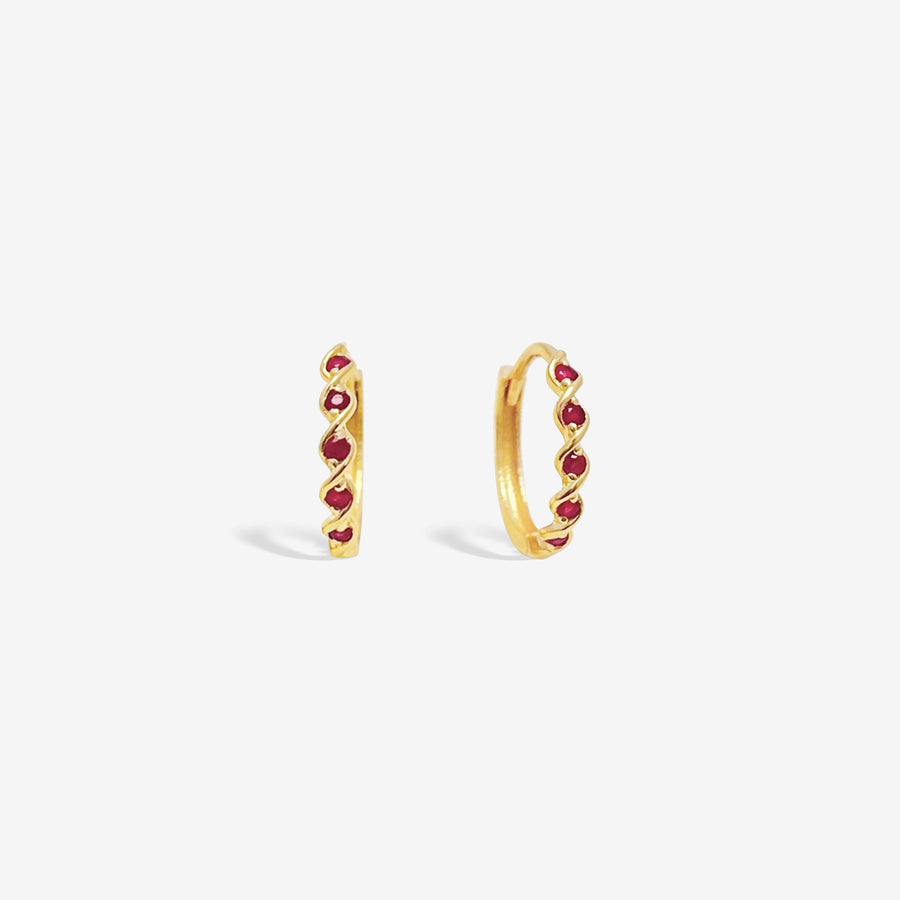 14k Solid Gold Dainty Natural Ruby Twisted Hoop Earrings