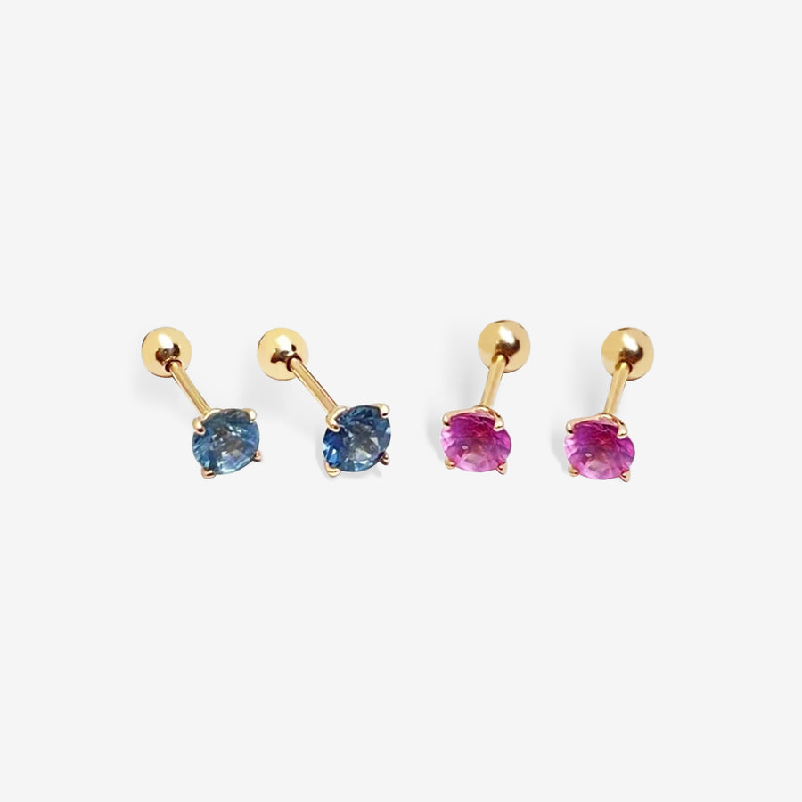 14k Solid Gold Pink/Blue Sapphire Screw Back Stud Earrings