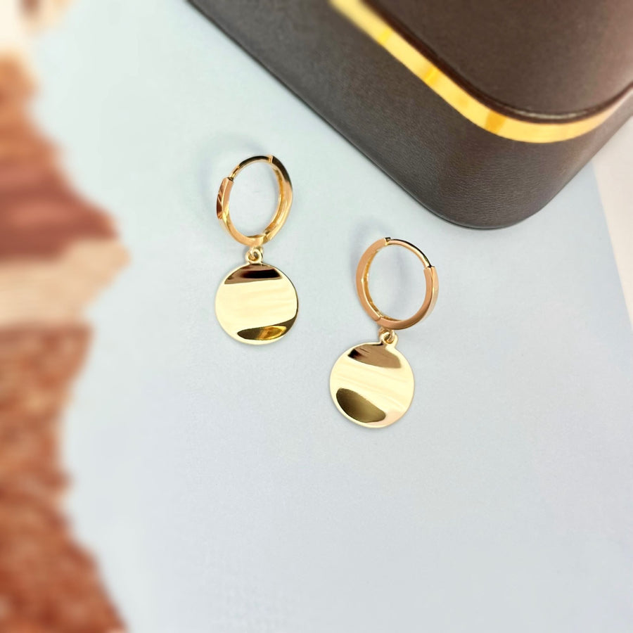 14k Solid Gold Wavy Disc Huggie Hoop Earrings