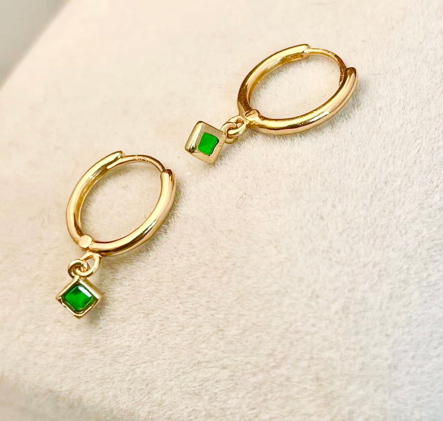 18k Dainty Square Natural Emerald Drop Earrings