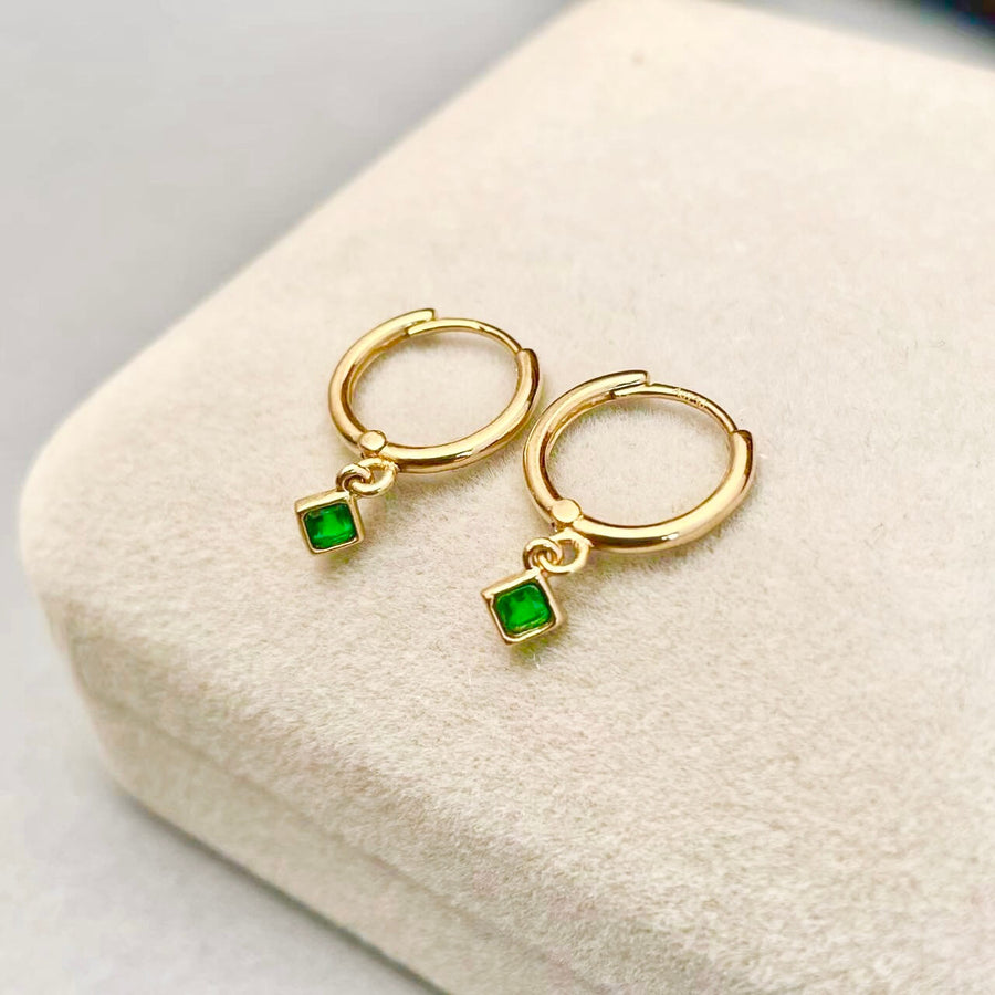18k Dainty Square Natural Emerald Drop Earrings