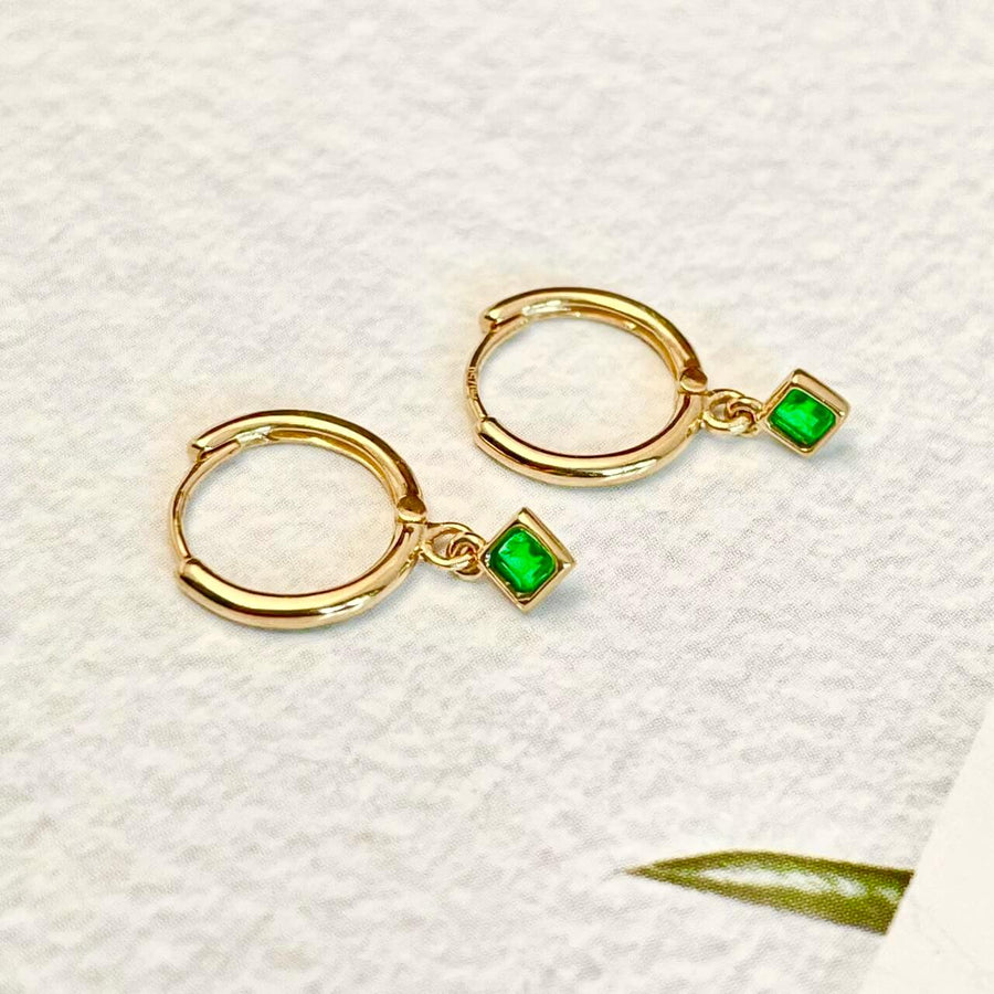 18k Dainty Square Natural Emerald Drop Earrings