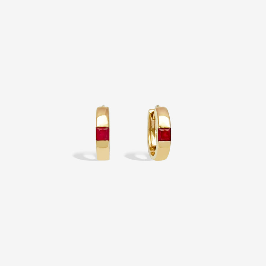 18k Natural Princess Cut Ruby Small Huggie Earrings