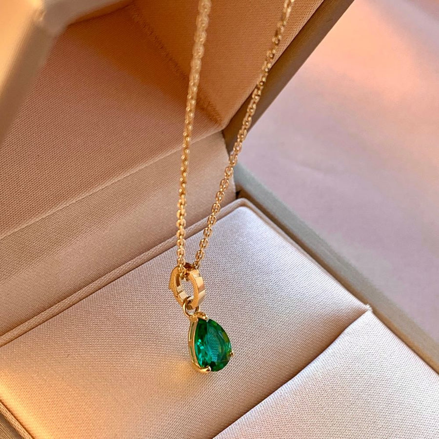 14k Solid Gold Teardrop Lab Emerald Pendant Necklace