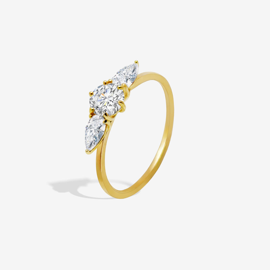 14k Solid Gold Angel's Wings Three-Stone Moissanite Ring