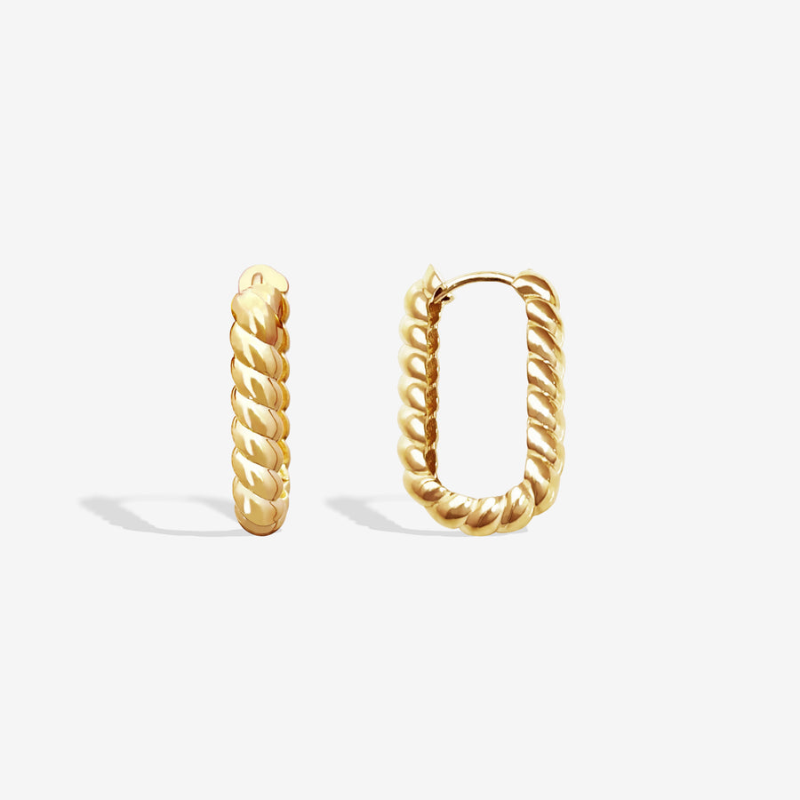 14k Solid Gold Twisted Oblong Hoop Earrings